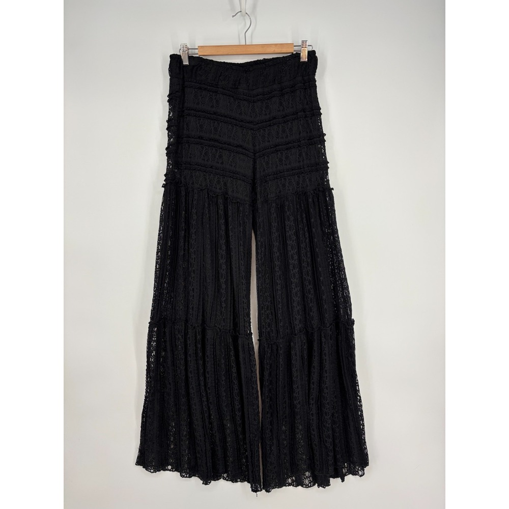 Vintage 2B Together Pants Womens M Black Lace Sheer Plisse Wide Leg Ruffle Long